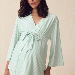 Maternity DreamModal™ Kimono Three-Piece Set in Parisian Green Pencil Stripe